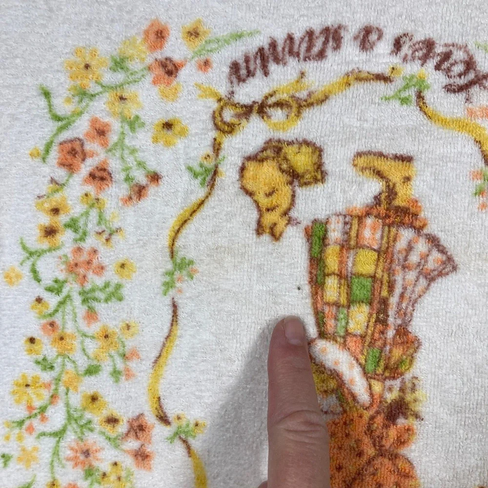 Vintage 70s Holly Hobbie Bath Hand Towel White Fringed Floral Cotton Cannon